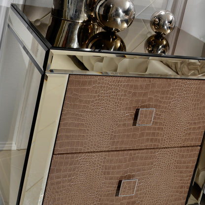 Embossed Pattern Leather and Mirrored Bedside Table