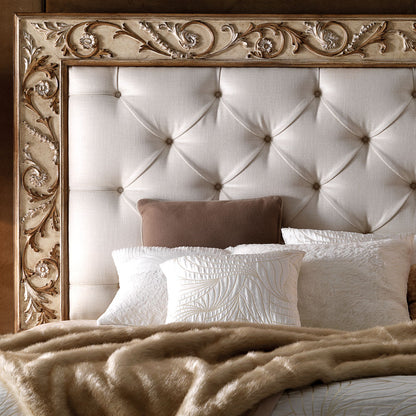 Antiqued Italian Button Upholstered Bed With Ornate Carvings