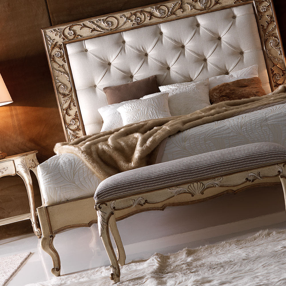 Antiqued Italian Button Upholstered Bed With Ornate Carvings