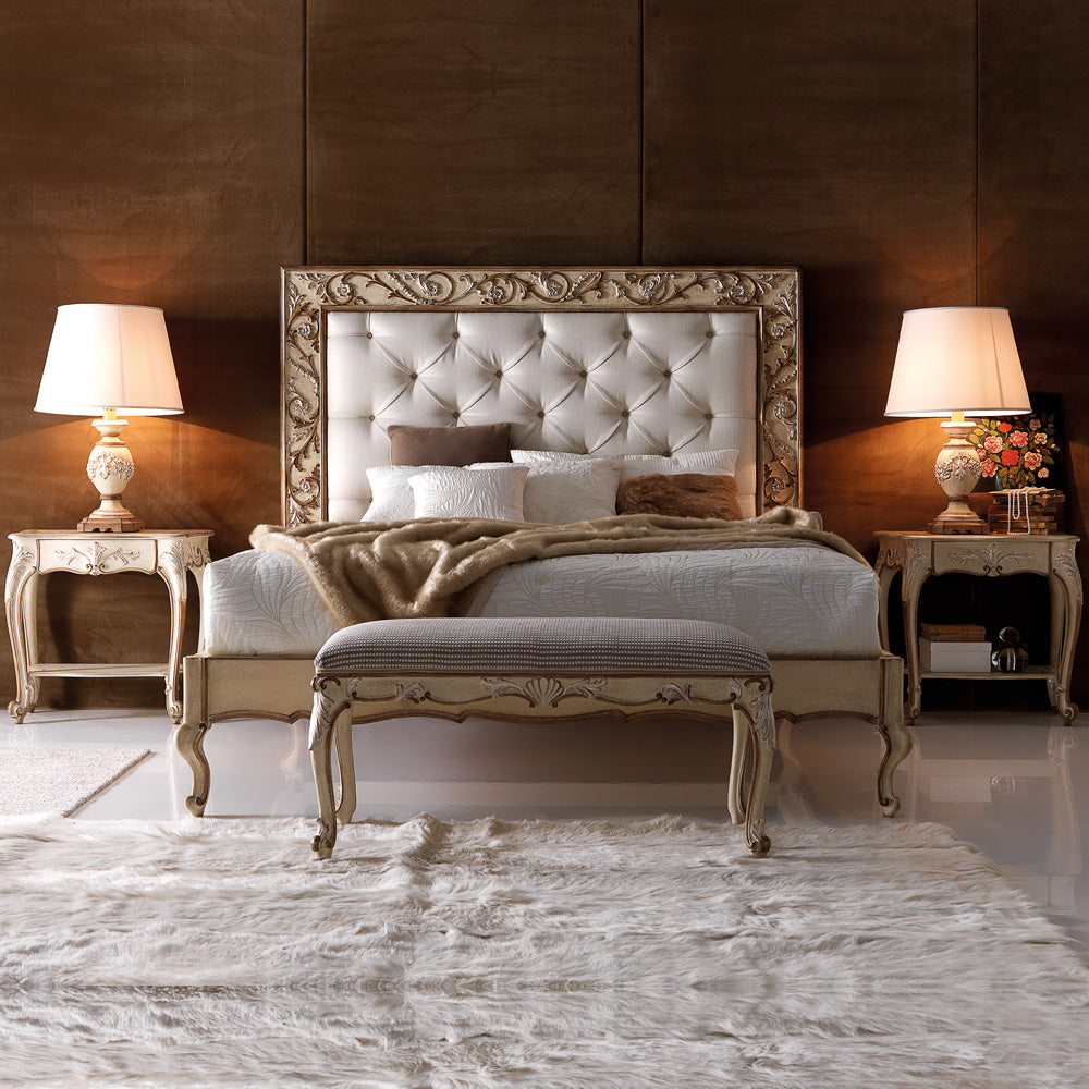 Antiqued Italian Button Upholstered Bed With Ornate Carvings