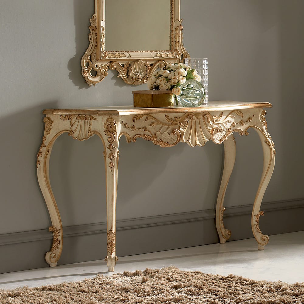 Baroque Reproduction Elegant Ivory and Gold Italian Console And Mirror