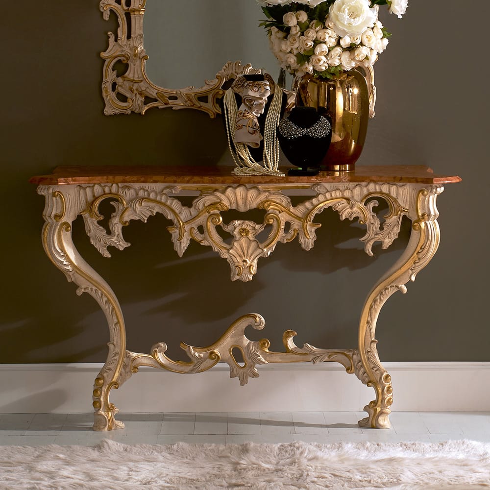 Reproduction Baroque Ivory And Gold Italian Wall Mounted Console And Mirror