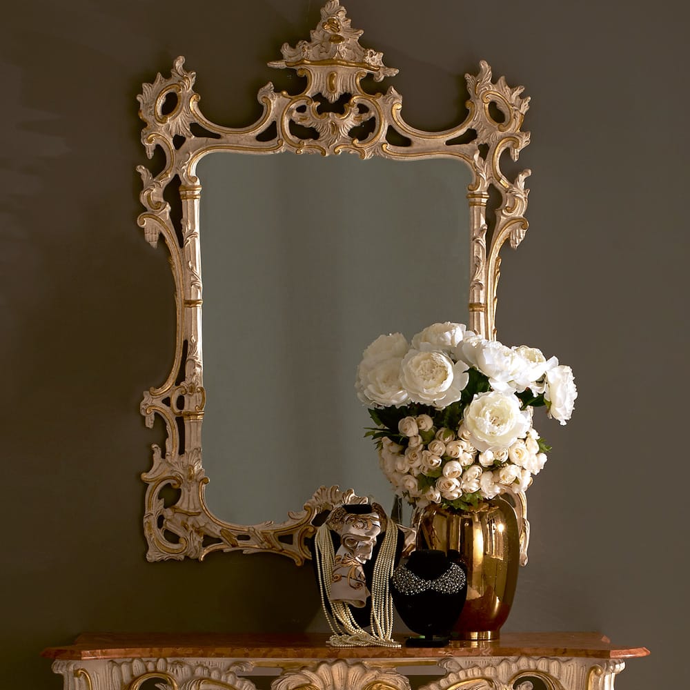 Reproduction Baroque Ivory And Gold Italian Wall Mounted Console And Mirror