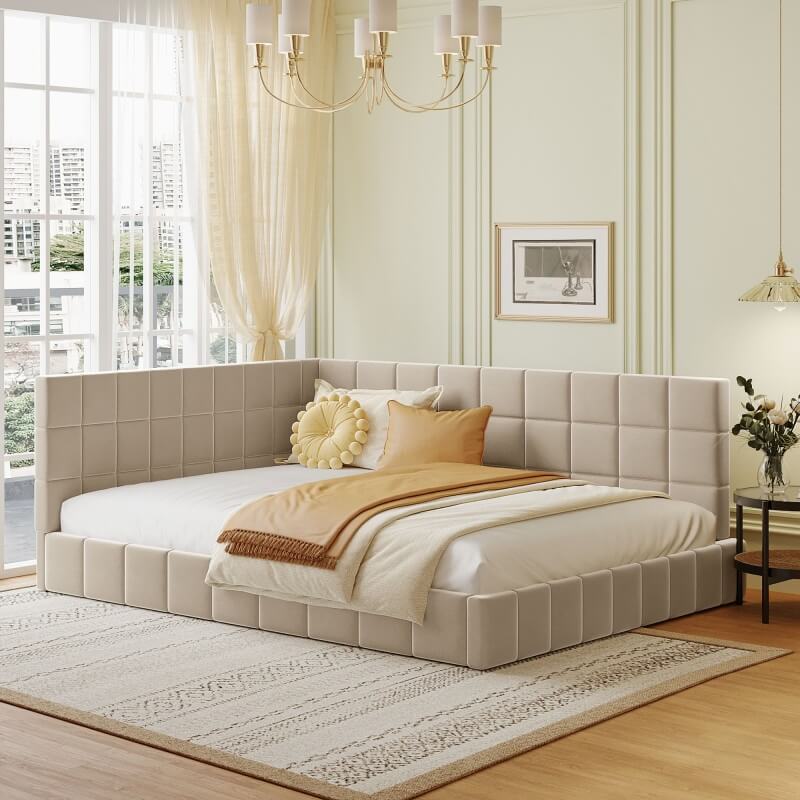 Beige Full Size Velvet Upholstered Daybed