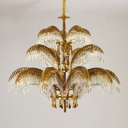 Brass Palm Leaf Crystal Chandelier