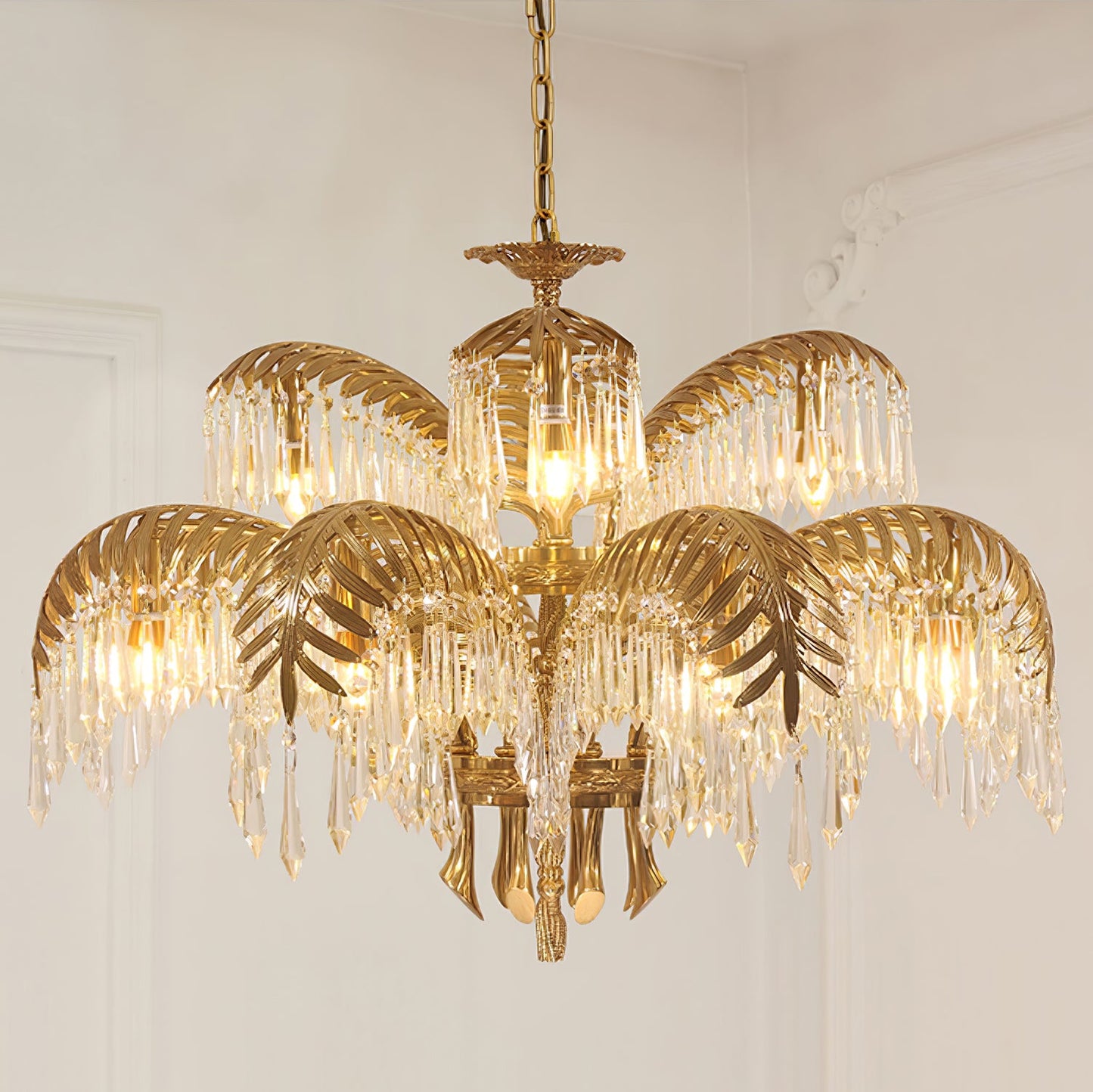 Brass Palm Leaf Crystal Chandelier