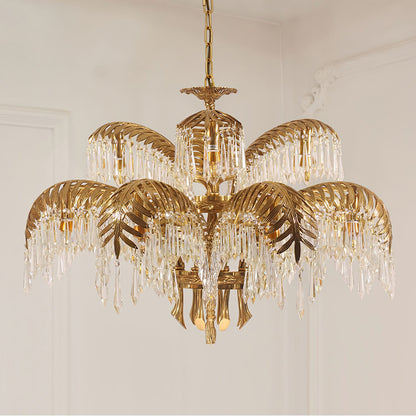 Brass Palm Leaf Crystal Chandelier