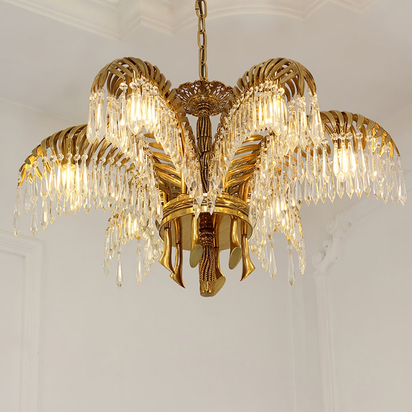 Brass Palm Leaf Crystal Chandelier