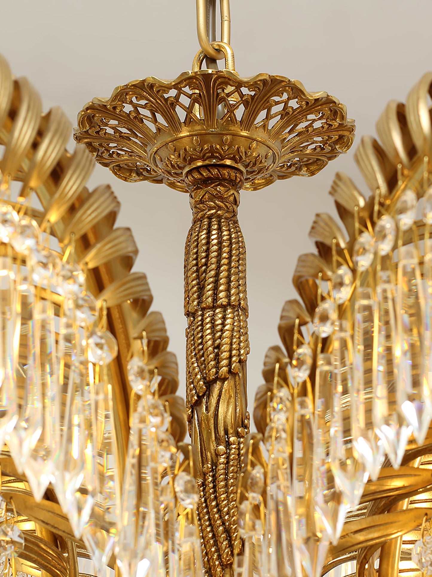 Brass Palm Leaf Crystal Chandelier