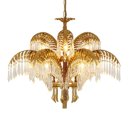 Brass Palm Leaf Crystal Chandelier