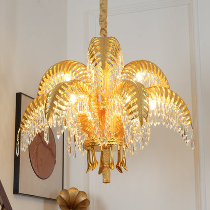 Brass Palm Leaf Crystal Chandelier