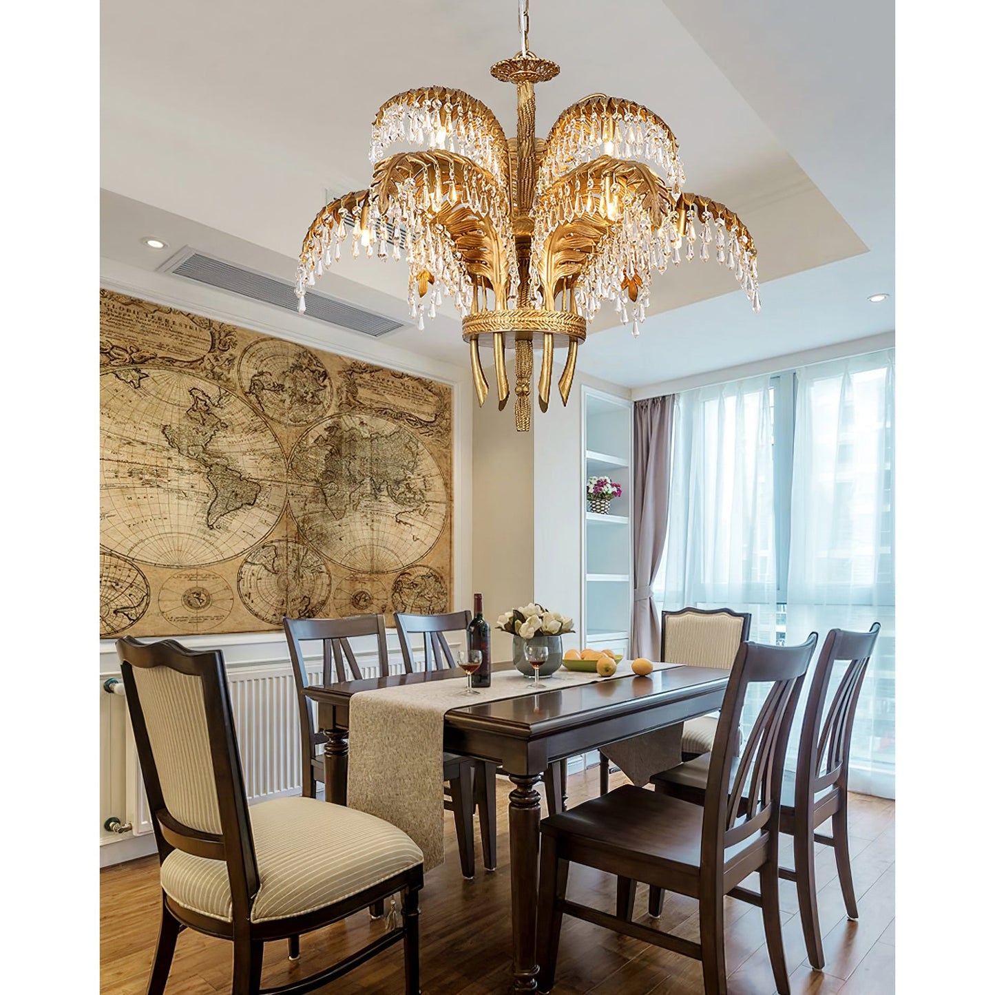 Brass Palm Leaf Crystal Chandelier