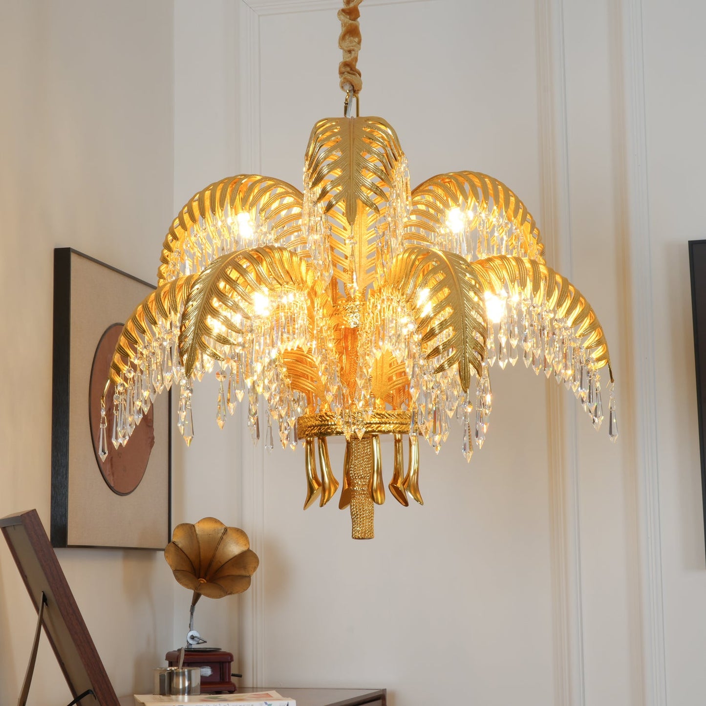 Brass Palm Leaf Crystal Chandelier