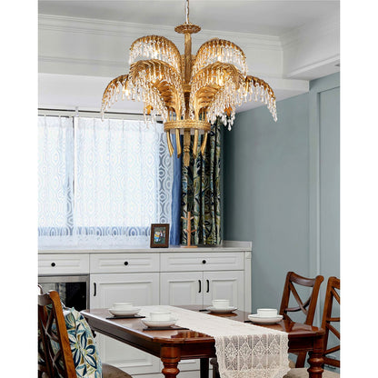 Brass Palm Leaf Crystal Chandelier