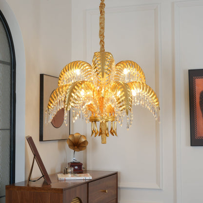 Brass Palm Leaf Crystal Chandelier