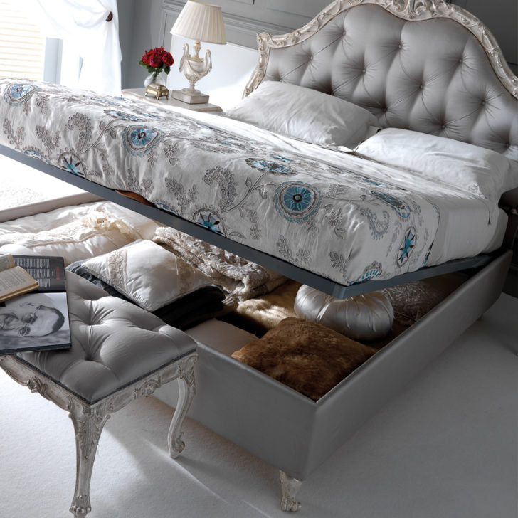 High End Carved Button Upholstered Italian Storage Bed