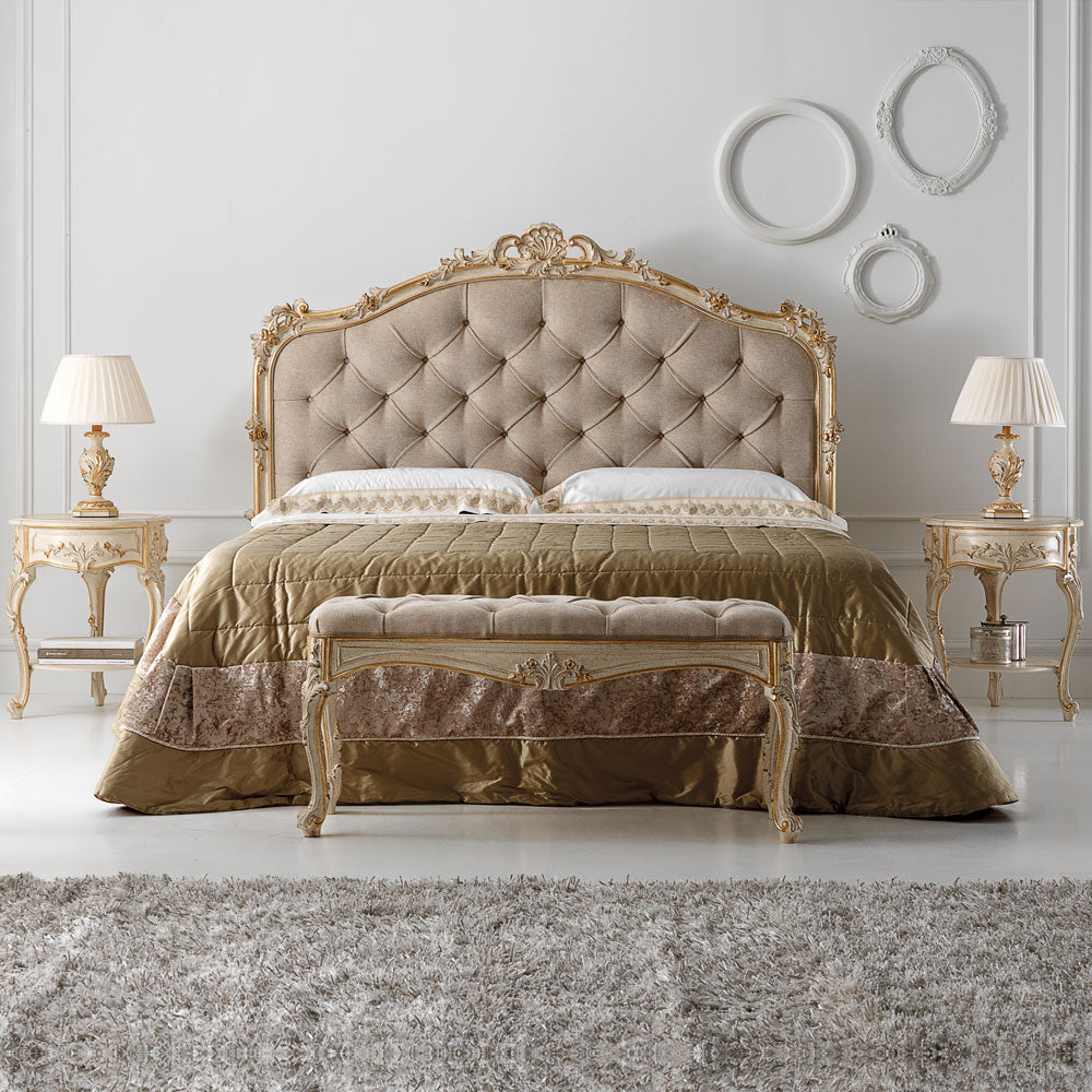 Carved Reproduction Rococo Italian Button Upholstered Bed