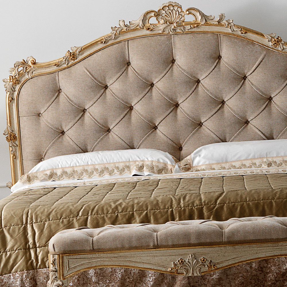 Carved Reproduction Rococo Italian Button Upholstered Bed