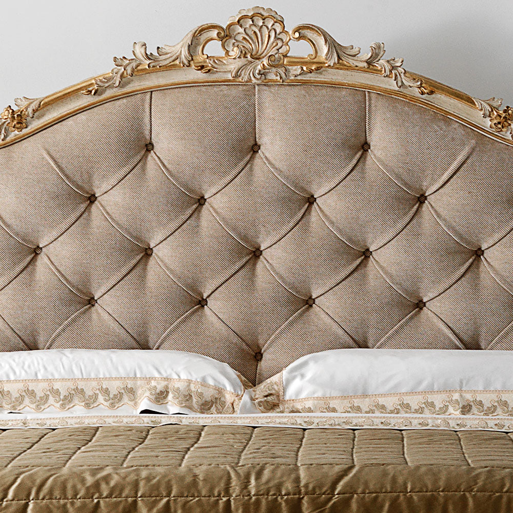 Carved Reproduction Rococo Italian Button Upholstered Bed