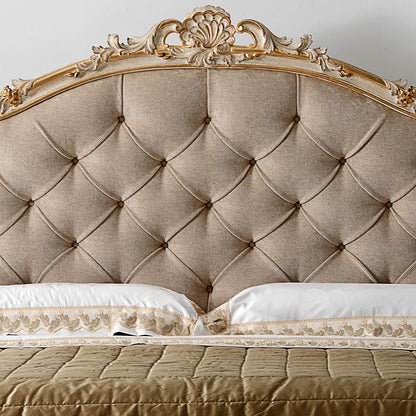 Carved Reproduction Rococo Italian Button Upholstered Bed