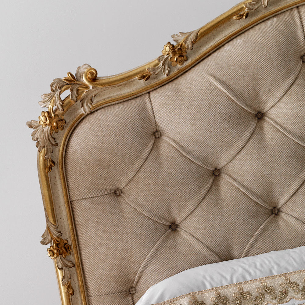 Carved Reproduction Rococo Italian Button Upholstered Bed