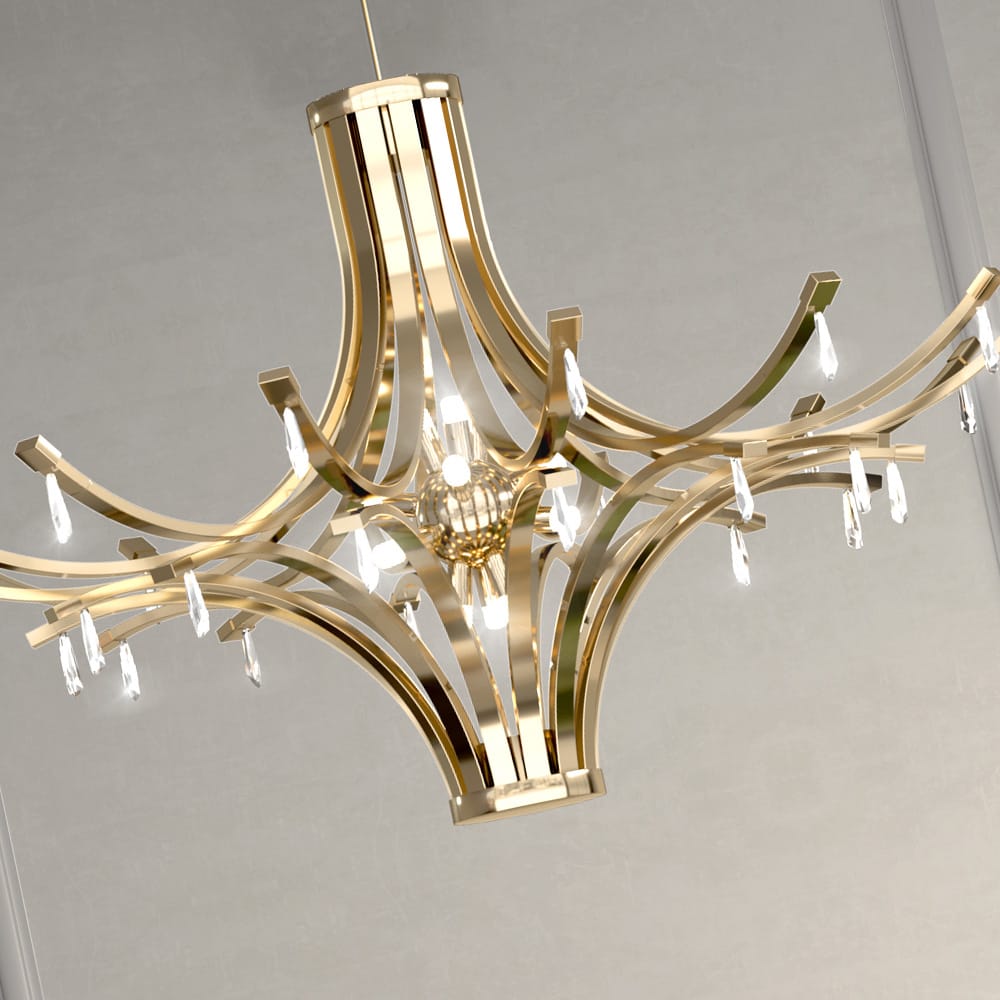 Contemporary Gold Plated Chandelier With Crystal Drops