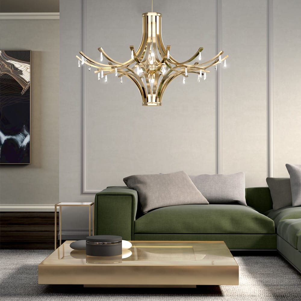 Contemporary Gold Plated Chandelier With Crystal Drops