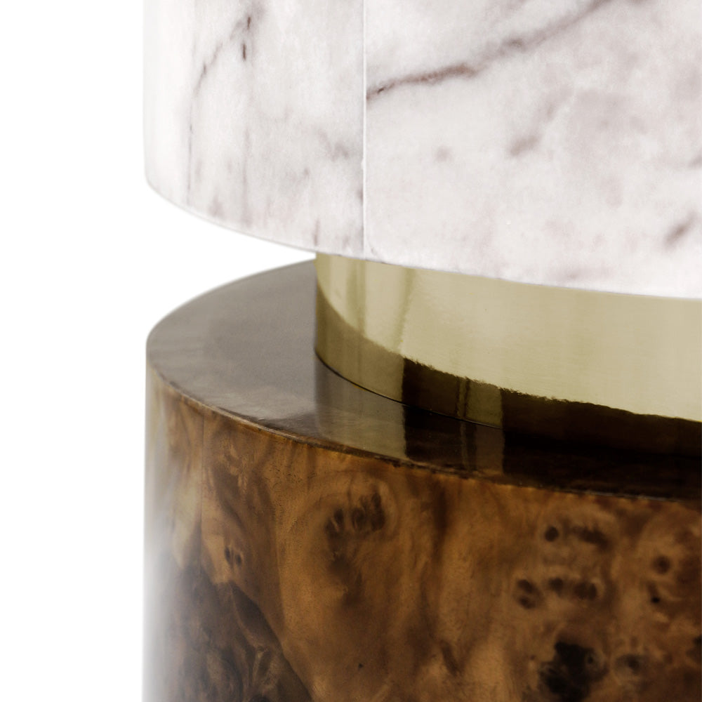 Contemporary Marble Gold Walnut Veneer Round Designer Side Table