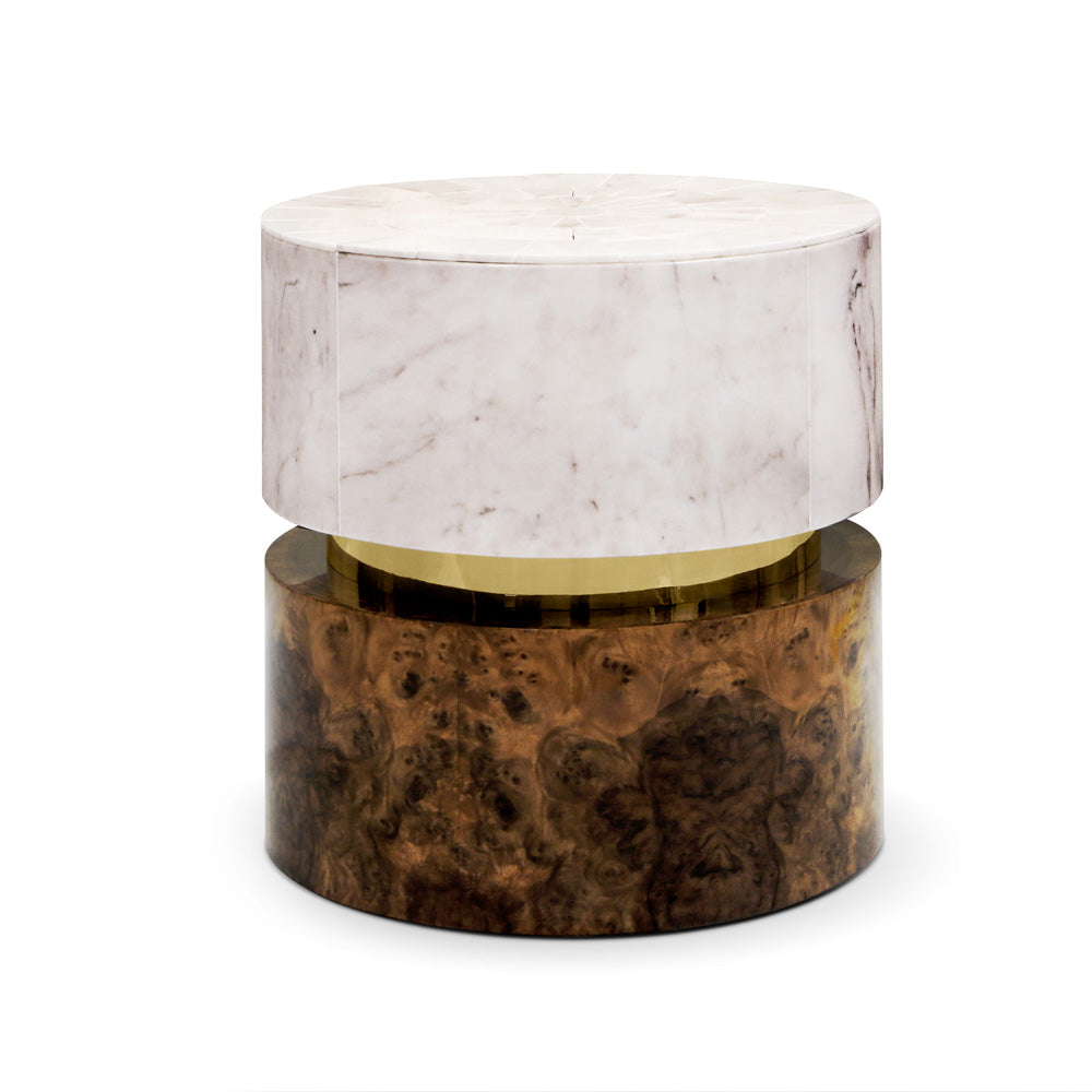 Contemporary Marble Gold Walnut Veneer Round Designer Side Table