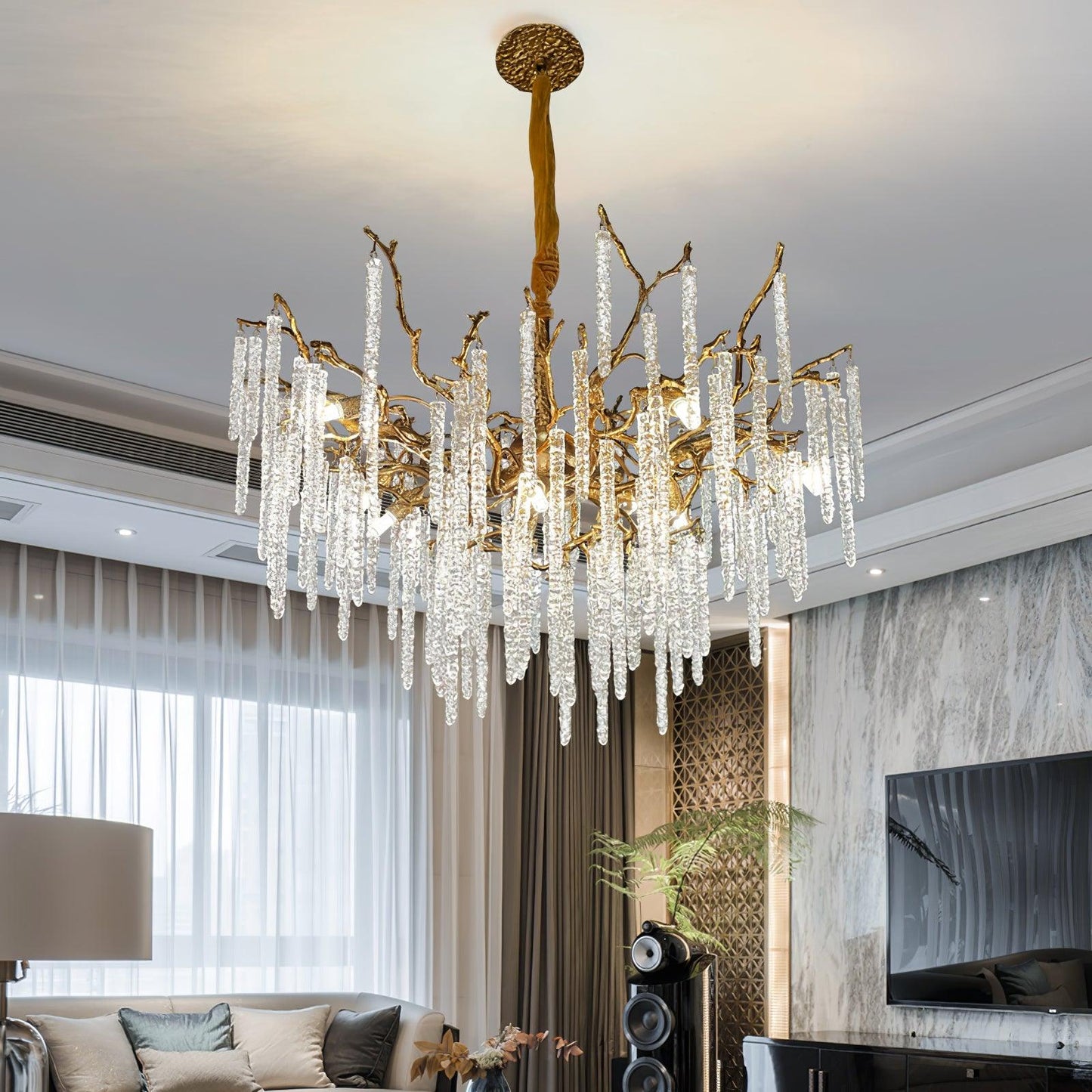 Crystal Icicles Branch Brass Chandelier