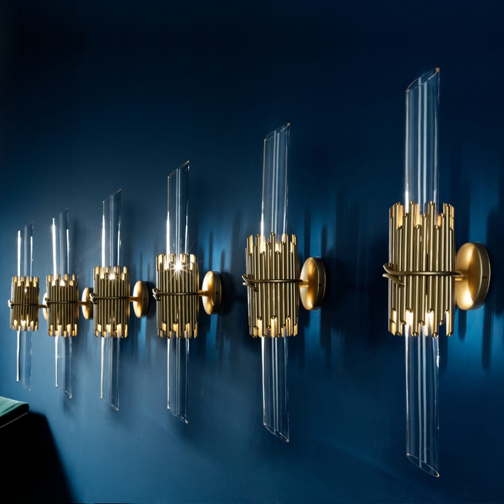 Designer Antiqued Brass Italian Wall Light With Glass Cylinder