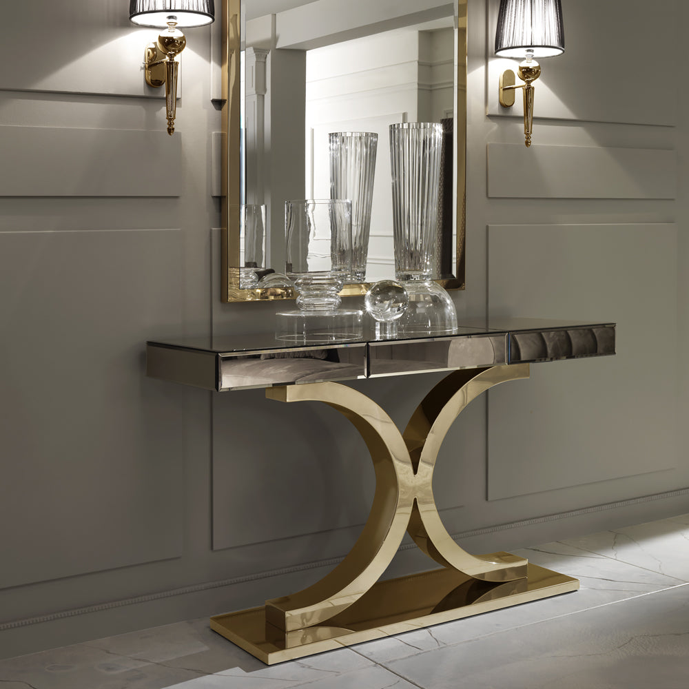 Designer Italian Bronze Mirrored Glass Modern Gold Console