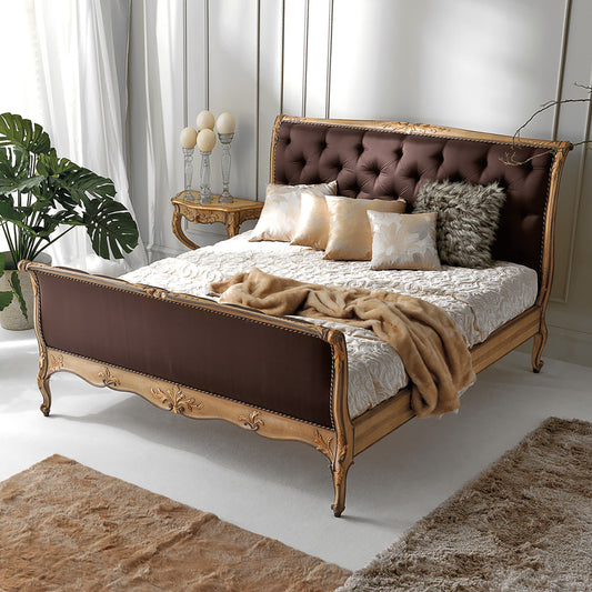 Designer Italian Ornate Button Upholstered Sleigh Bed