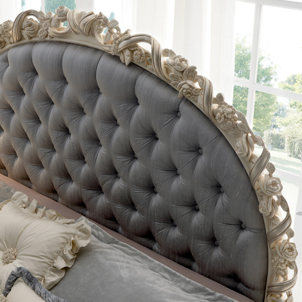 Designer Rose and Ribbon Button Upholstered Italian Bed