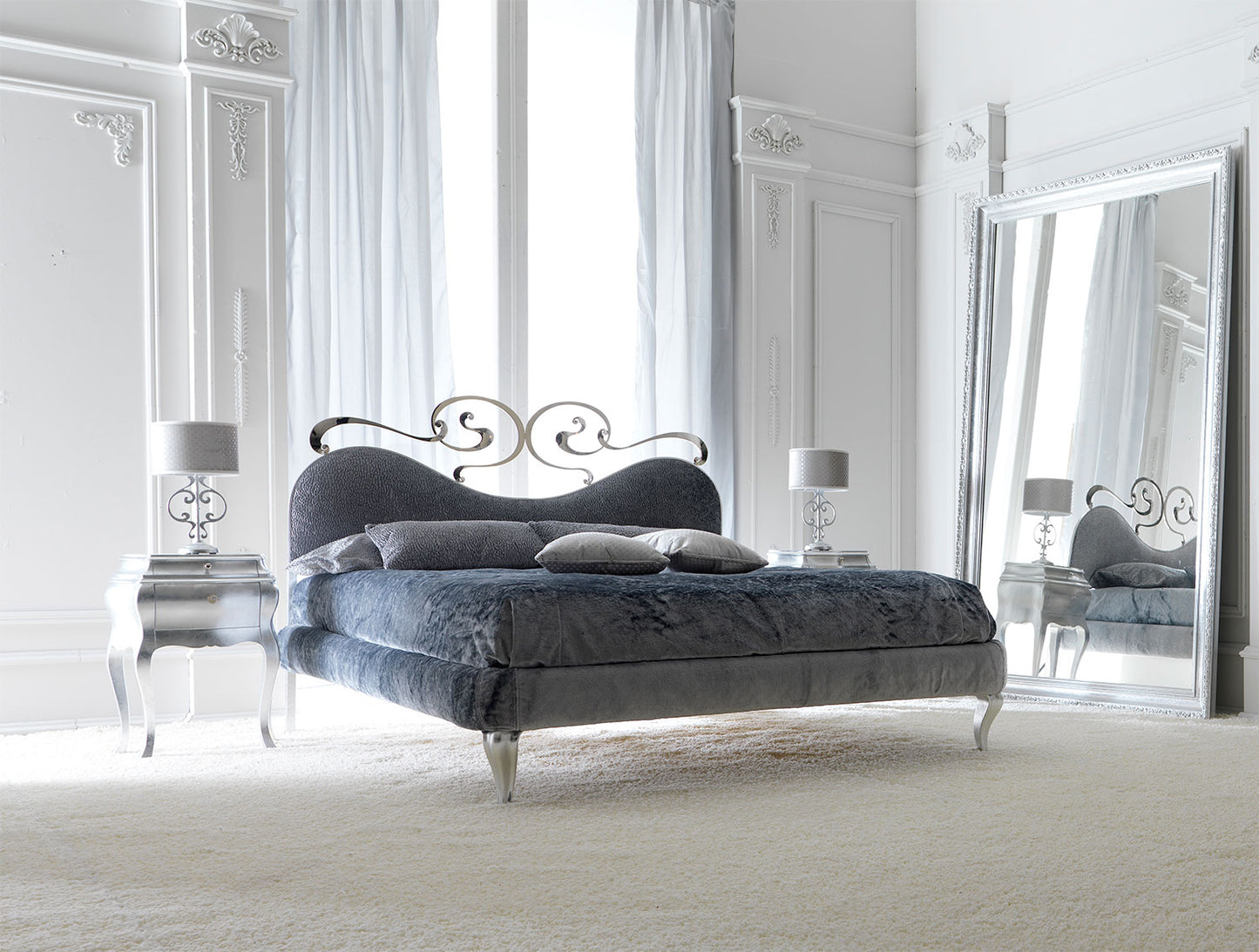 Designer Upholstered Silver Swirls Bed