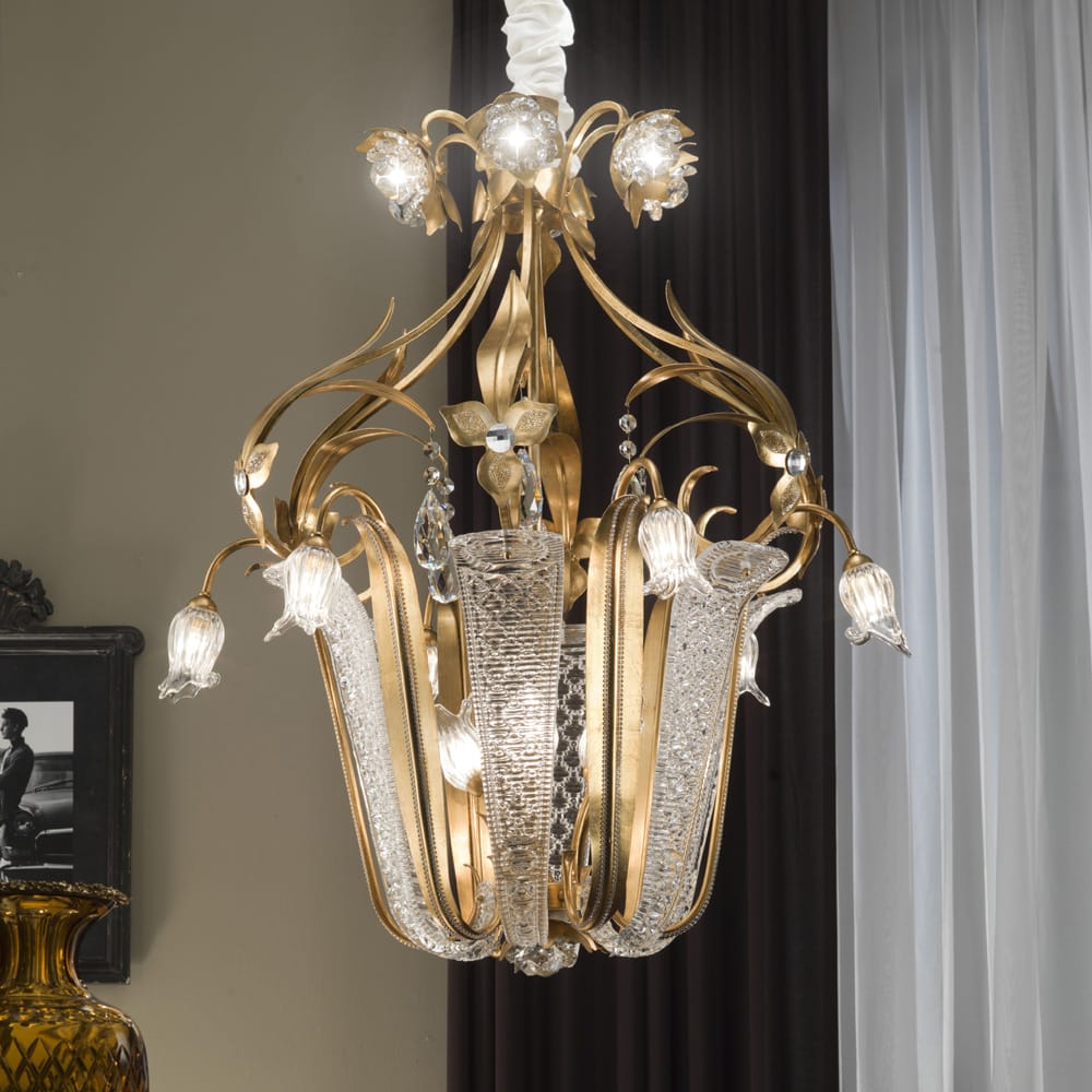 Elegant Gold Leaf Crystal Lantern Chandelier