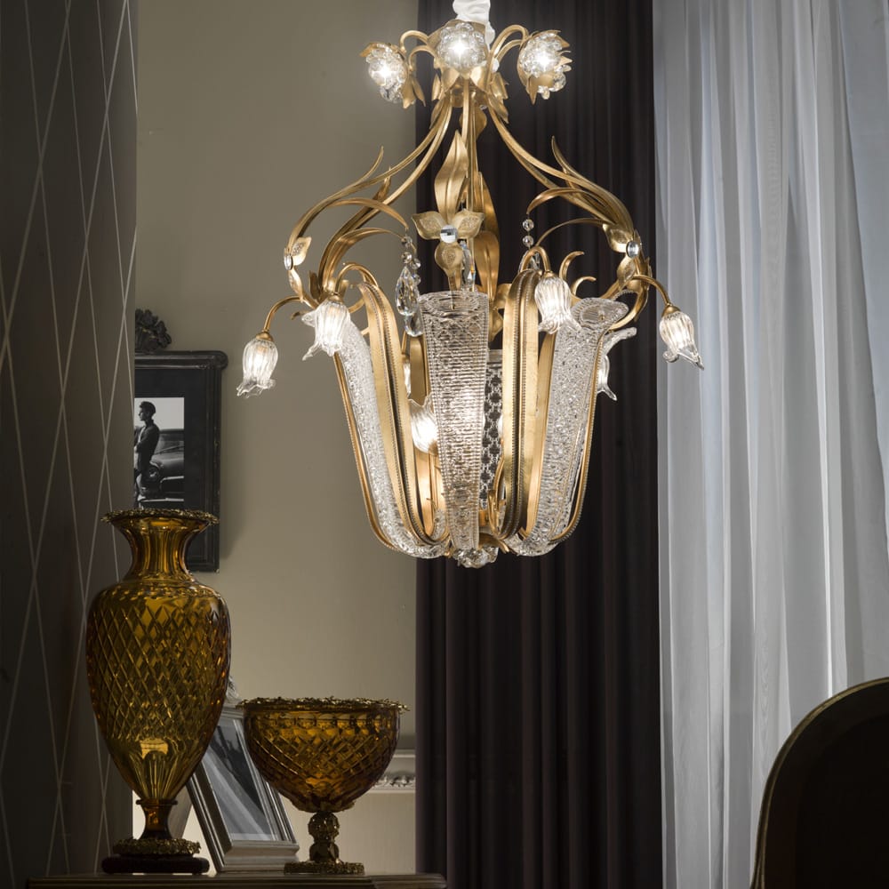 Elegant Gold Leaf Crystal Lantern Chandelier