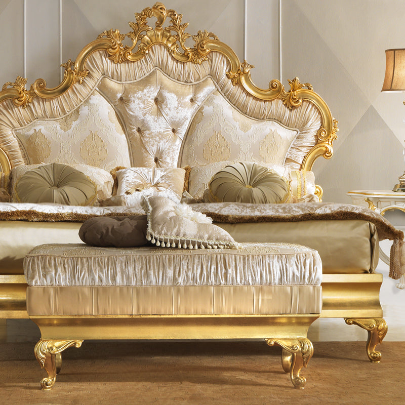 Elegant Upholstered Rococo Gold Leaf Bench