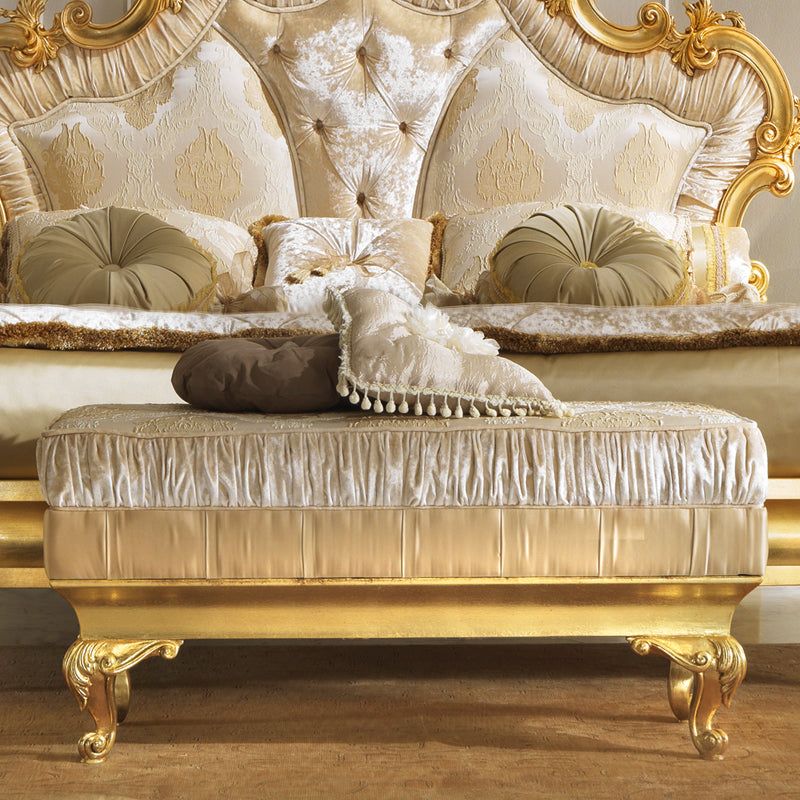 Elegant Upholstered Rococo Gold Leaf Bench