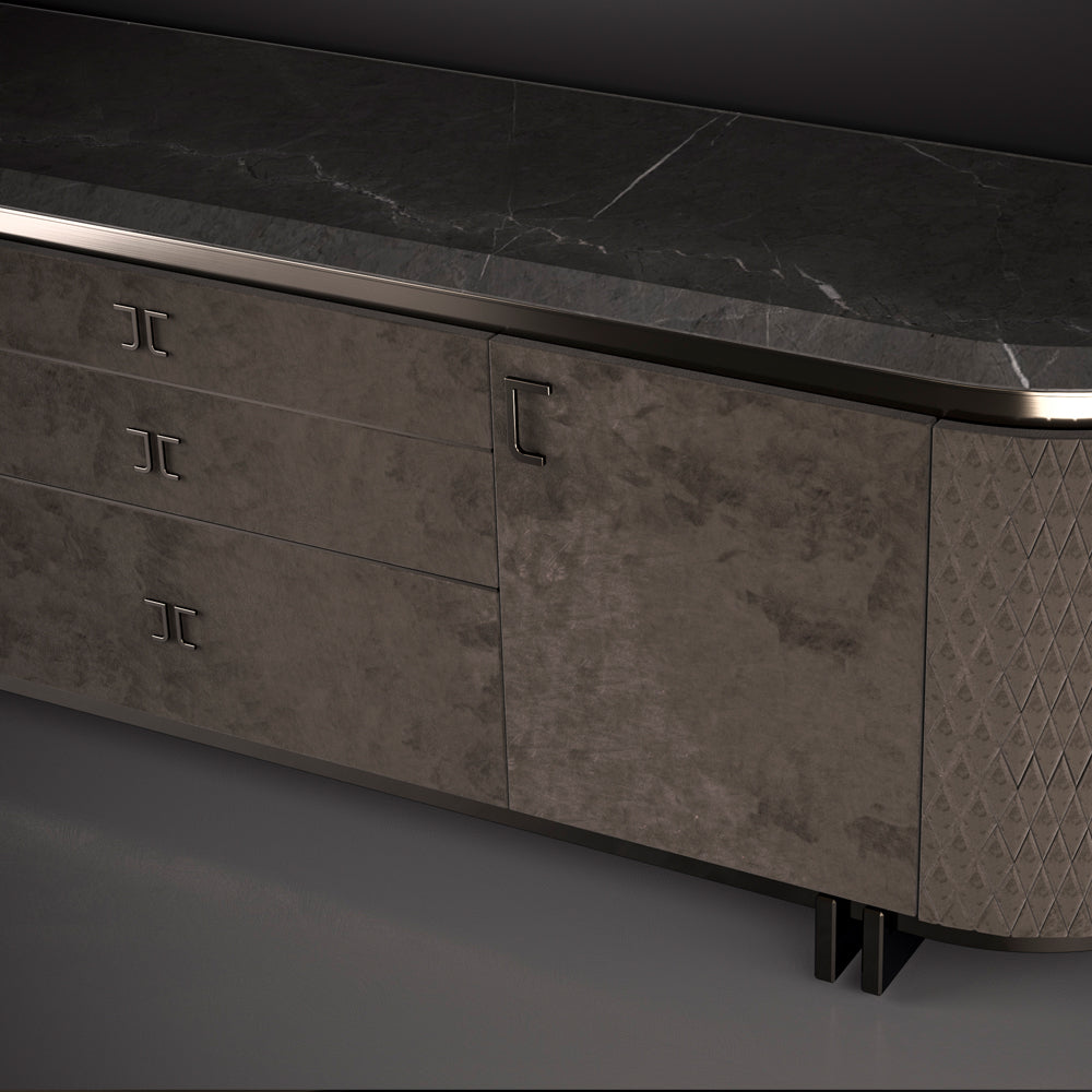 Exclusive Italian Marble Topped Luxury Designer Nubuck Buffet