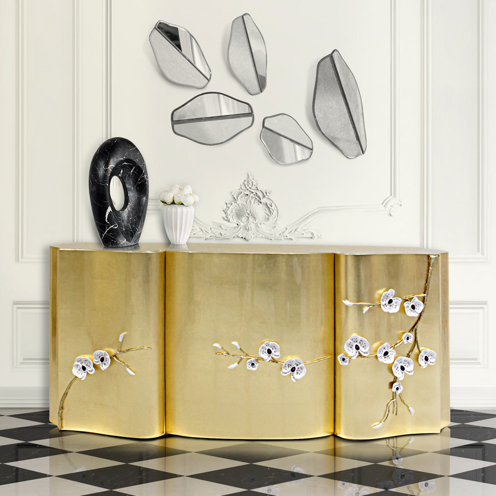 Exclusive Crystal Orchid Gold Leaf Sideboard