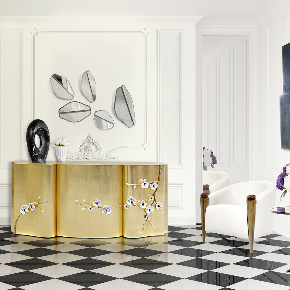 Exclusive Crystal Orchid Gold Leaf Sideboard