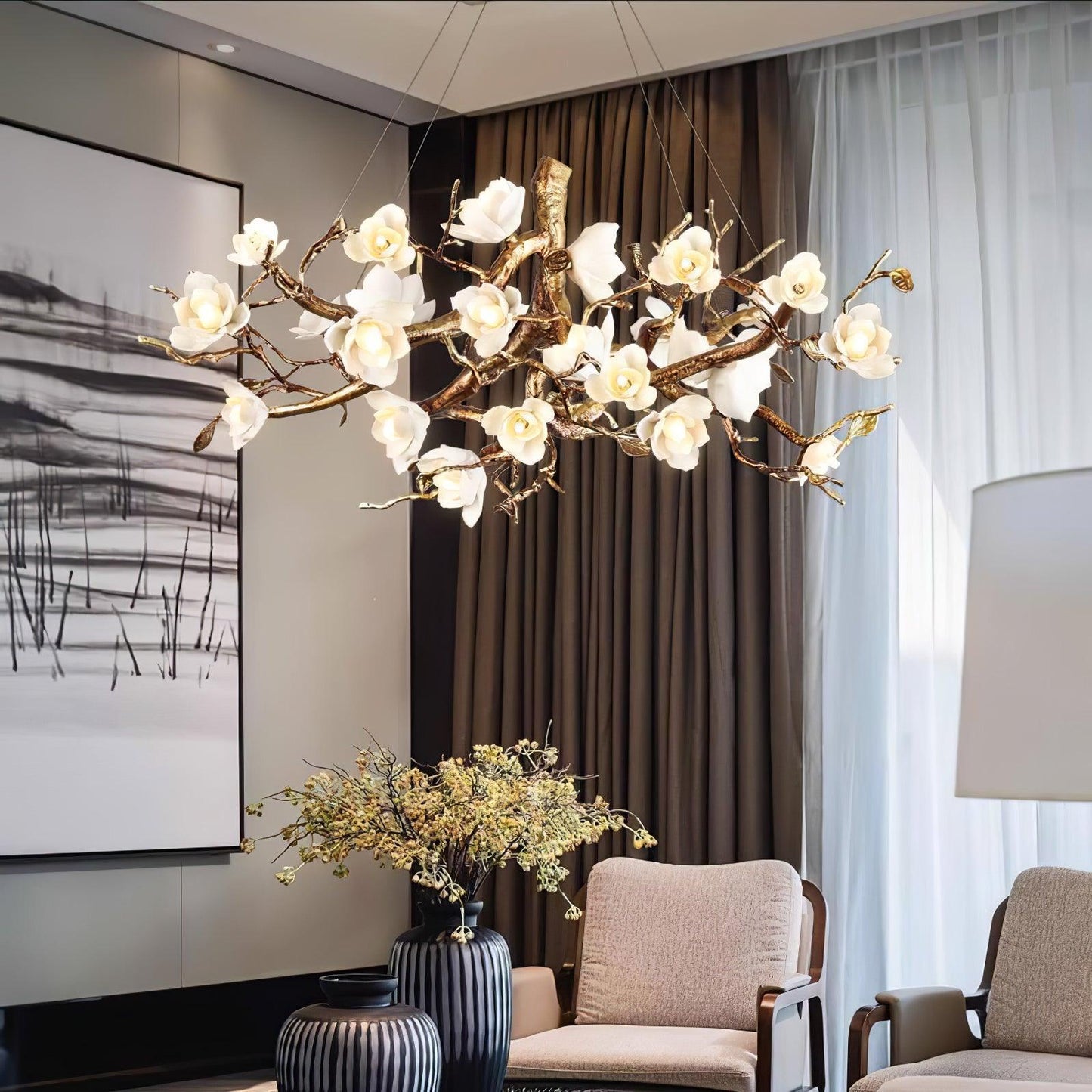 Flower Bloom Branch Brass Gasolier Chandelier