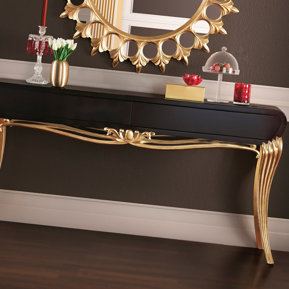 Modern Black Lacquered Gold Leaf Console Table