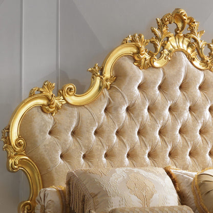 Grand Button Upholstered Gold Leaf Rococo Bed