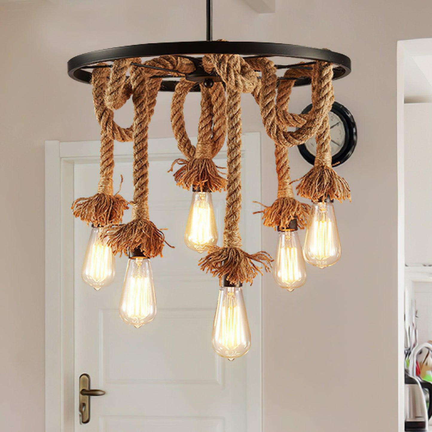 Hemp Rope Industrial Six Head Ceiling fixture Chandelier