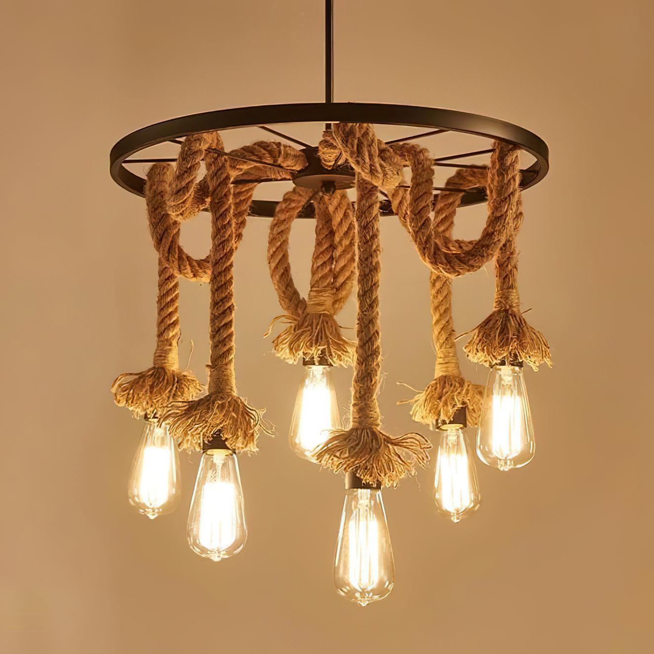 Hemp Rope Industrial Six Head Ceiling fixture Chandelier