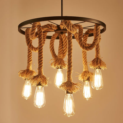 Hemp Rope Industrial Six Head Ceiling fixture Chandelier