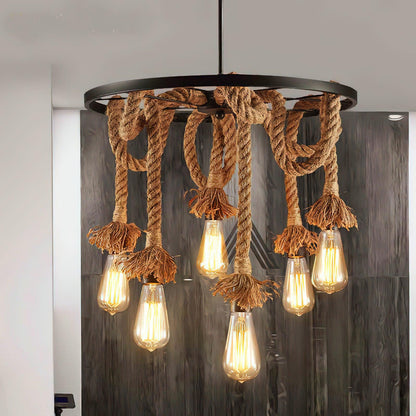 Hemp Rope Industrial Six Head Ceiling fixture Chandelier