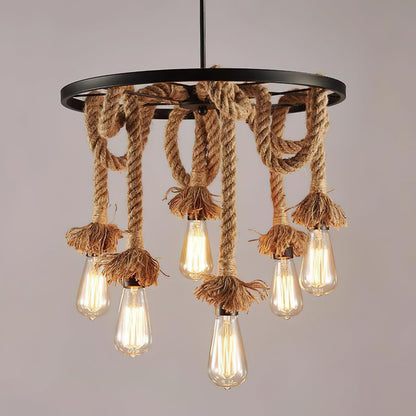 Hemp Rope Industrial Six Head Ceiling fixture Chandelier